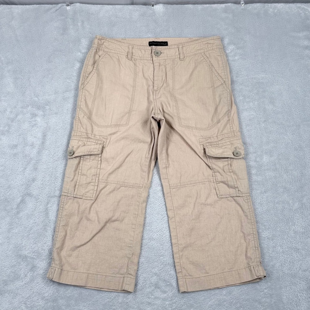 Banana Republic Cargo Capri Pants Women 4 Tan Linen Cotton Blend Utility Crop